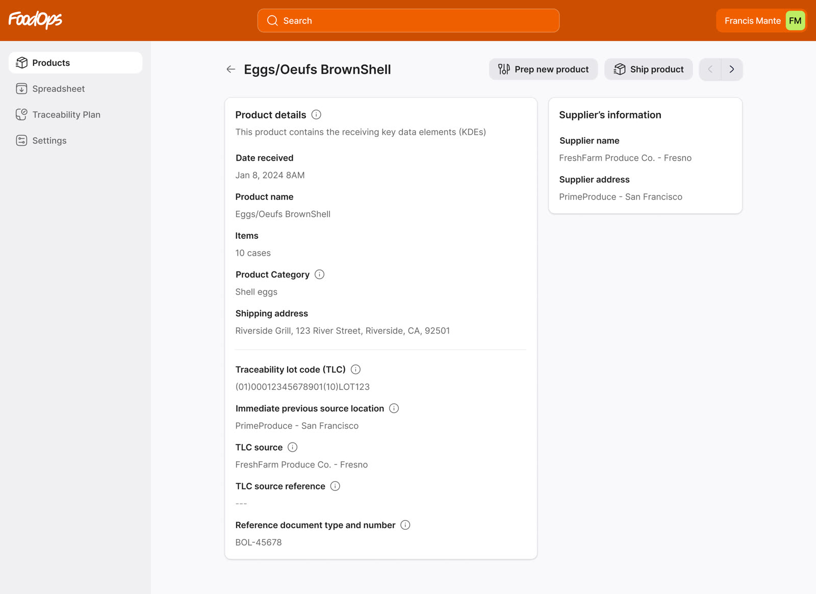 FoodOps product detail panel for Eggs/Oeufs BrownShell with traceability lot code information