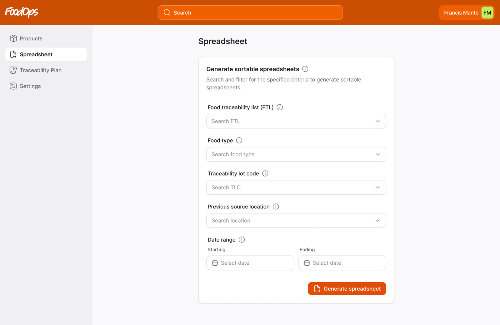 FoodOps spreadsheet generator with food traceability list and lot code filters