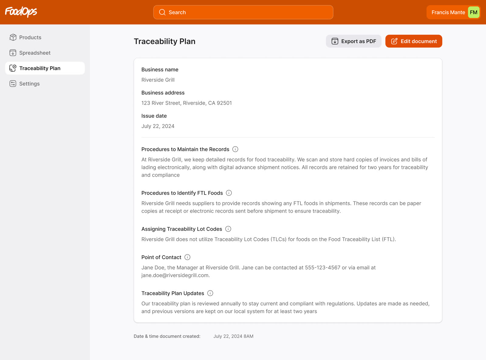 FoodOps traceability plan document for Riverside Grill