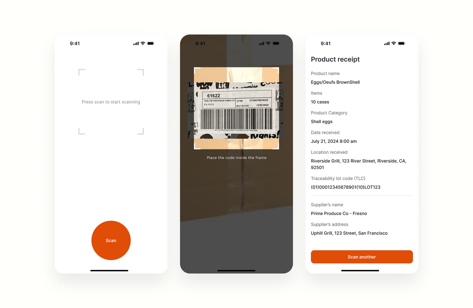 FoodOps mobile app barcode scan flow from scan prompt to product receipt
