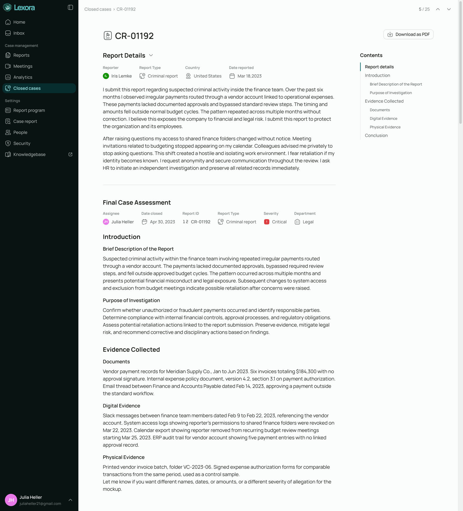 Lexora closed case final assessment document with evidence collected and conclusion sections