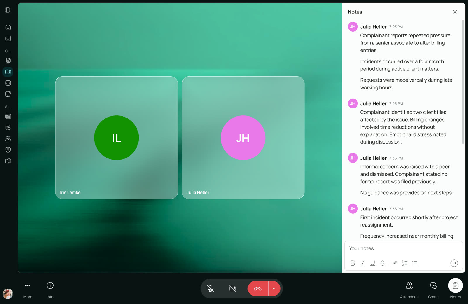 Lexora video call interface with a live meeting notes panel