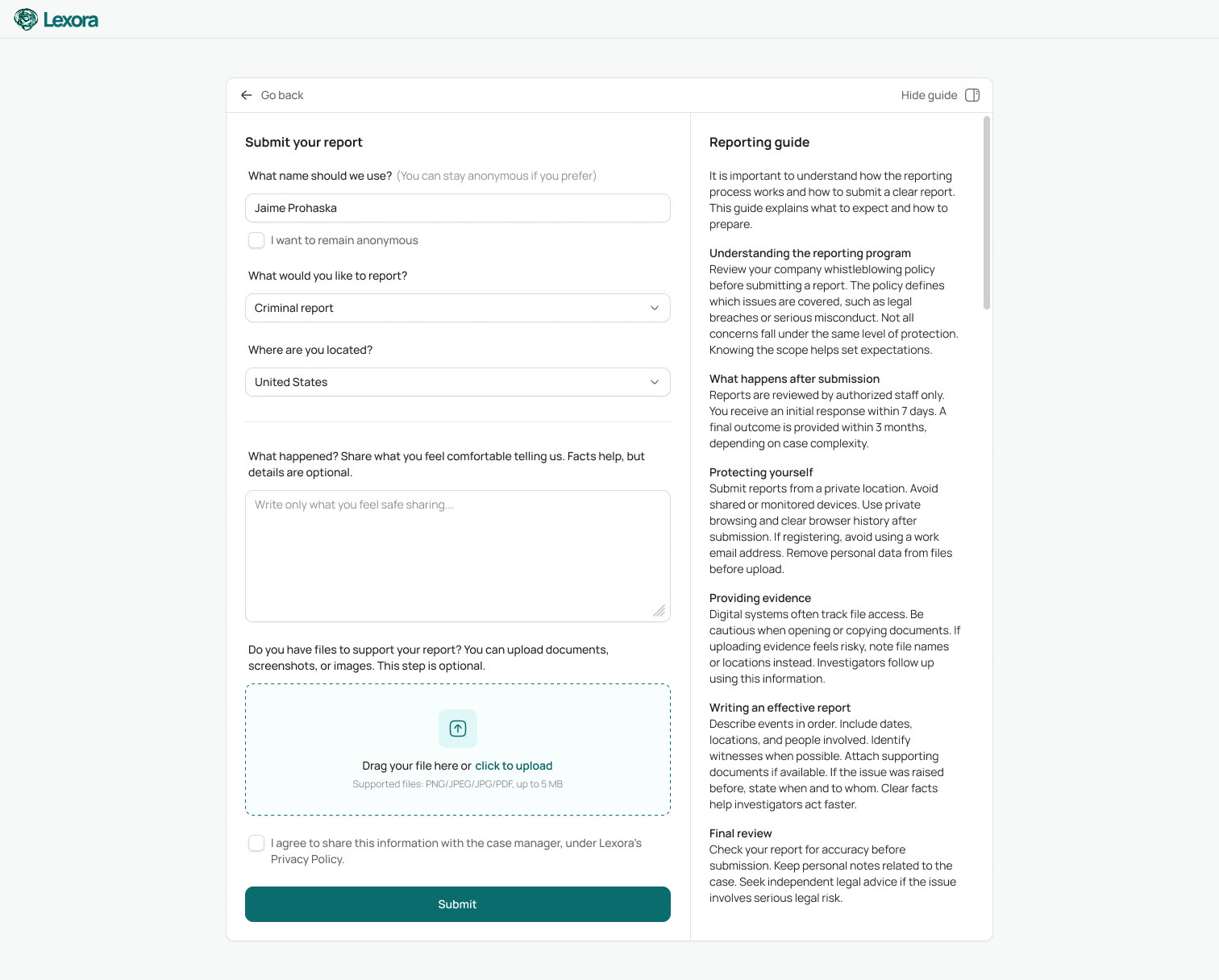 Lexora report submission form with an accompanying reporting guide