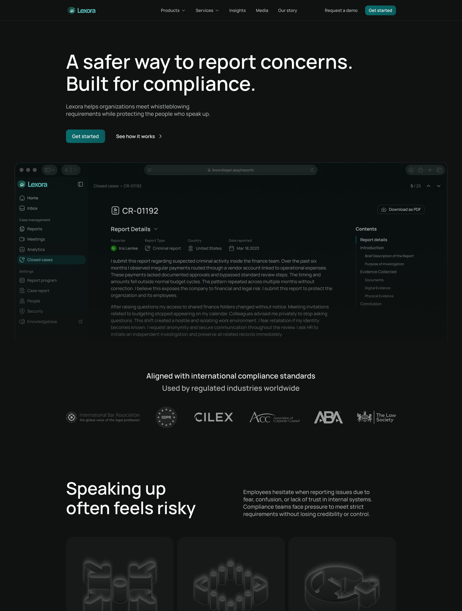 Lexora marketing homepage reading 'A safer way to report concerns. Built for compliance.'