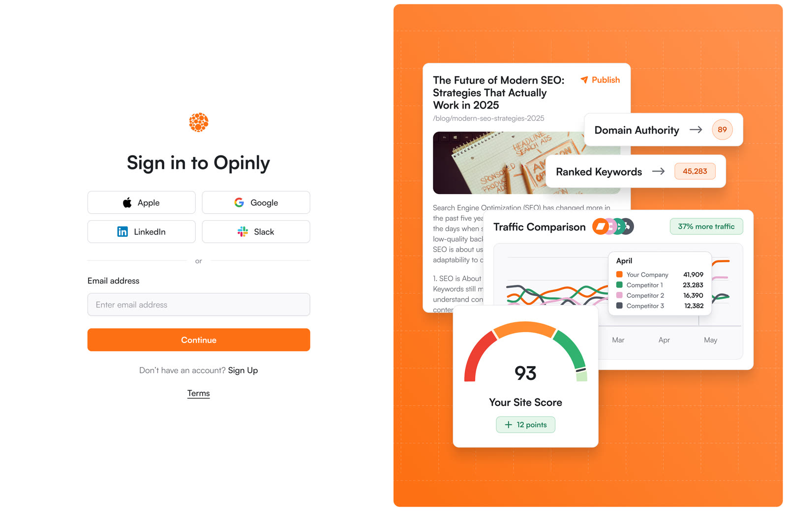 Opinly sign-in screen beside a preview of SEO dashboard cards