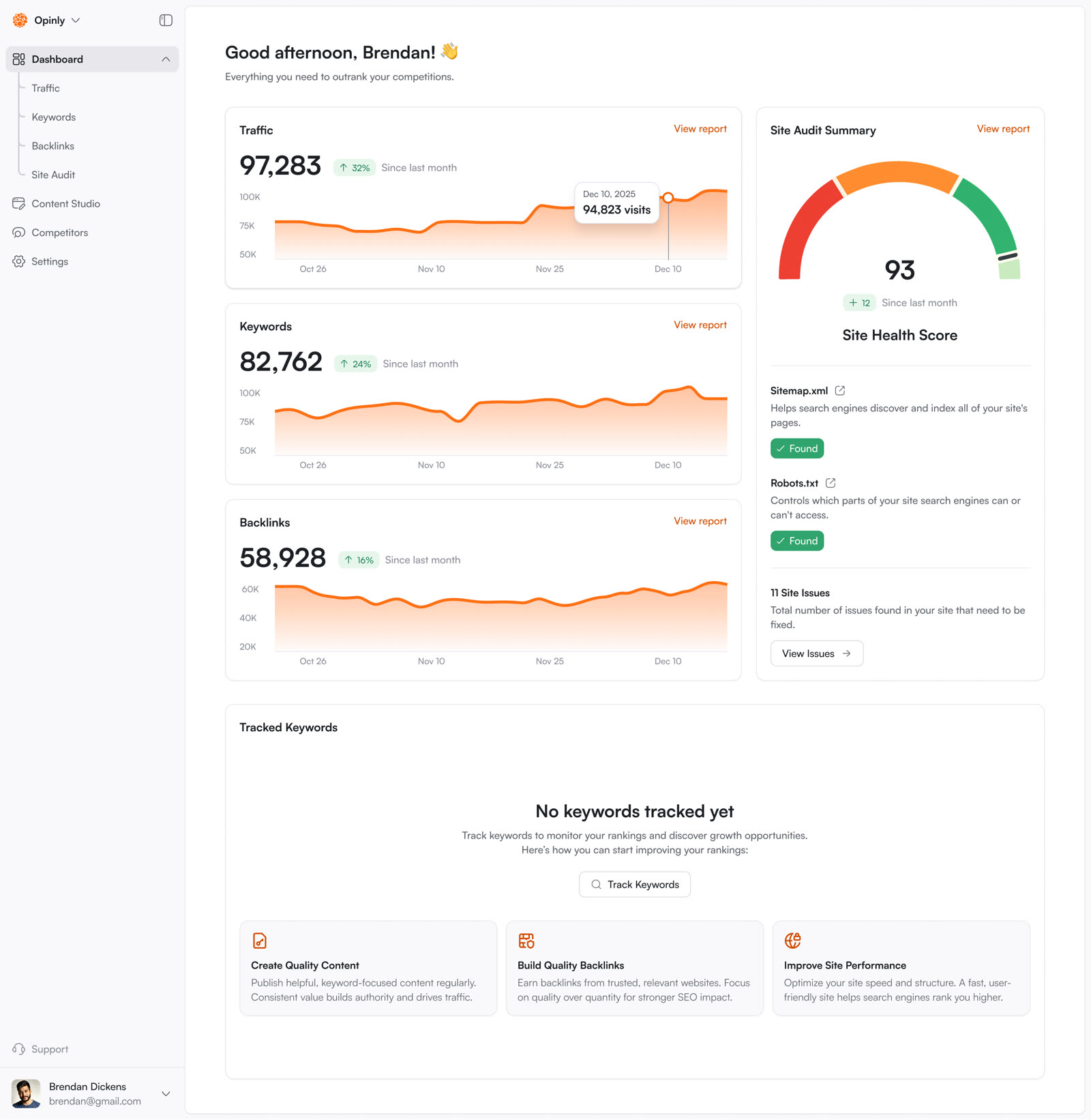 Opinly main dashboard with traffic, keywords, backlinks, and site audit summary