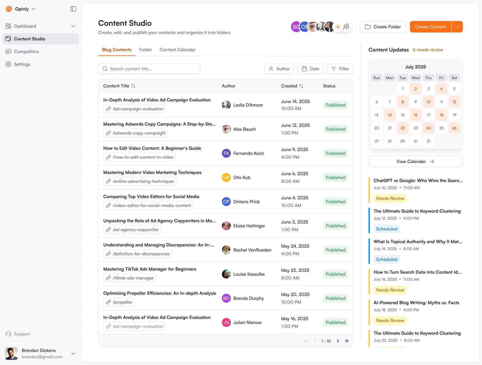Opinly Content Studio blog content list with a content calendar sidebar