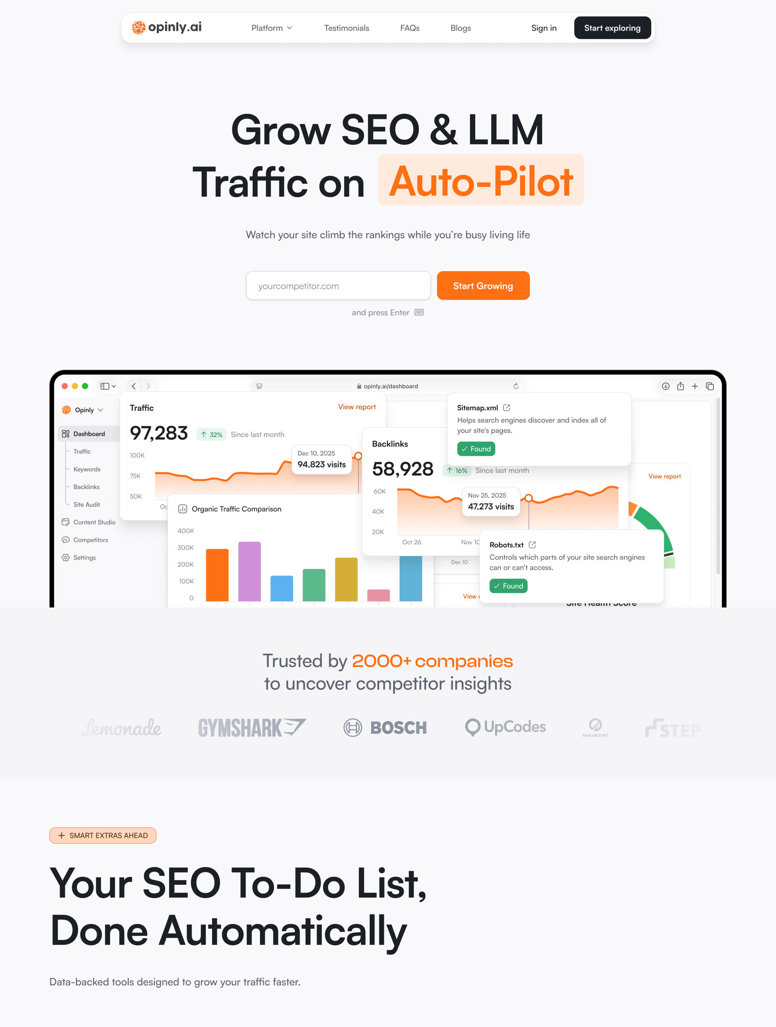 Opinly marketing homepage reading 'Grow SEO & LLM Traffic on Auto-Pilot'