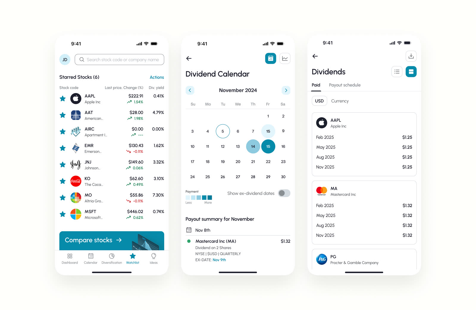 The Dividend Tracker watchlist, dividend calendar, and dividends payout screens
