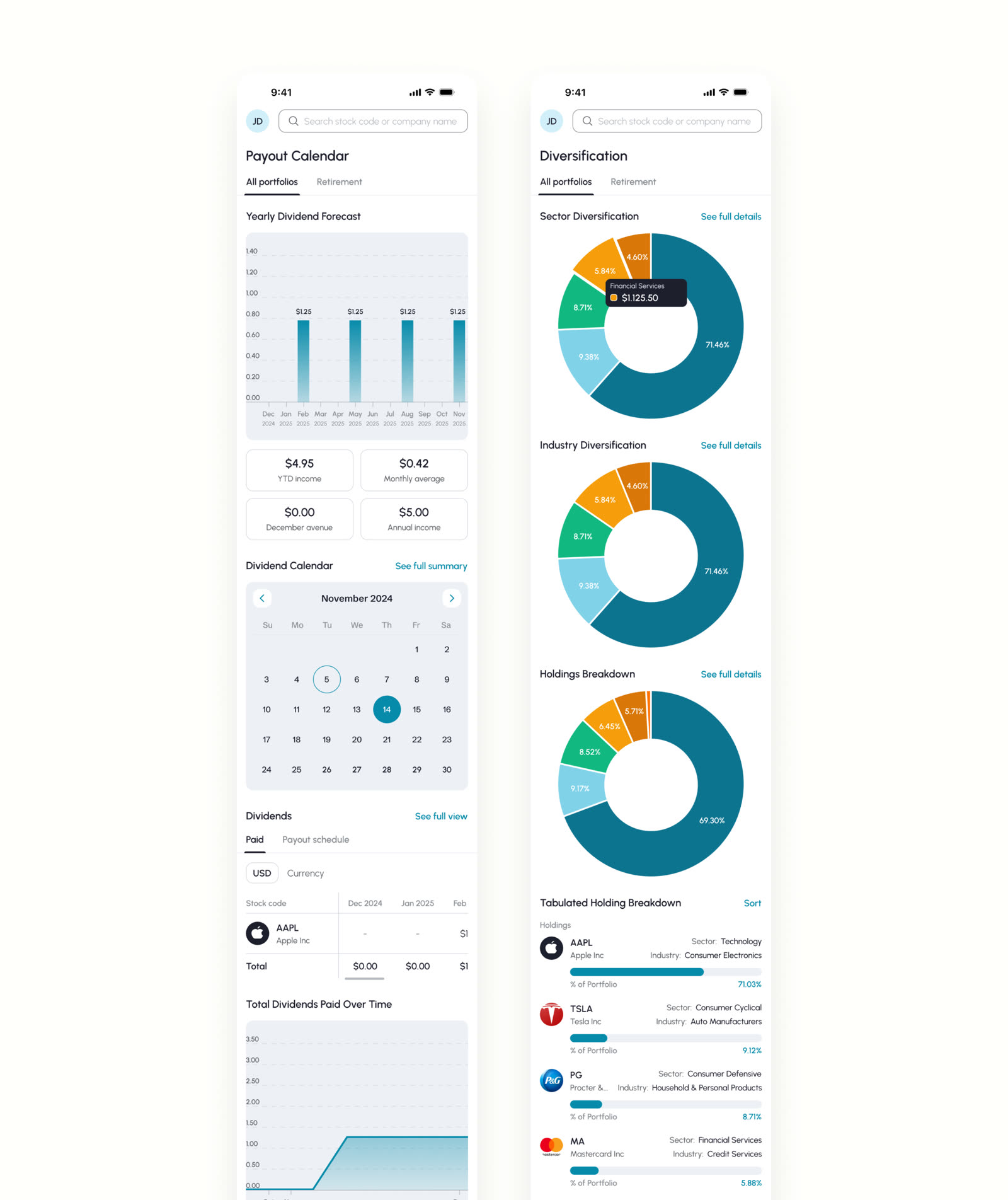 The Dividend Tracker payout calendar and portfolio diversification breakdown screens