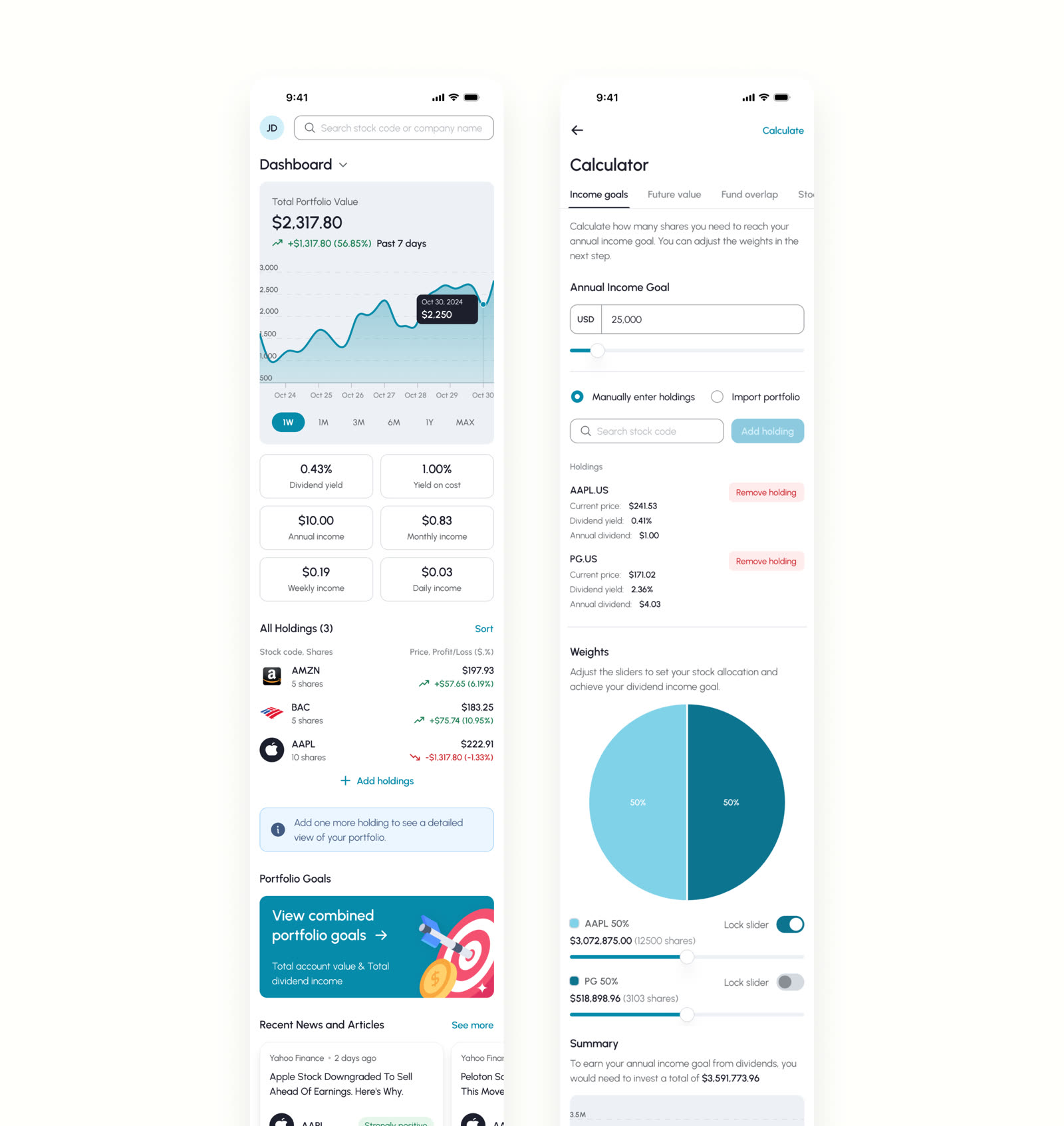 The Dividend Tracker dashboard and dividend income goal calculator screens