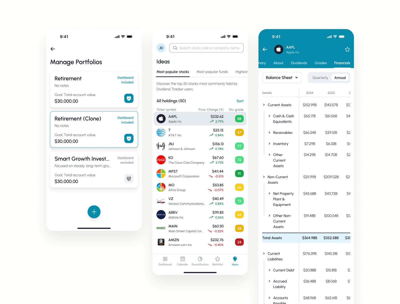 The Dividend Tracker manage portfolios, most popular stocks, and financials screens