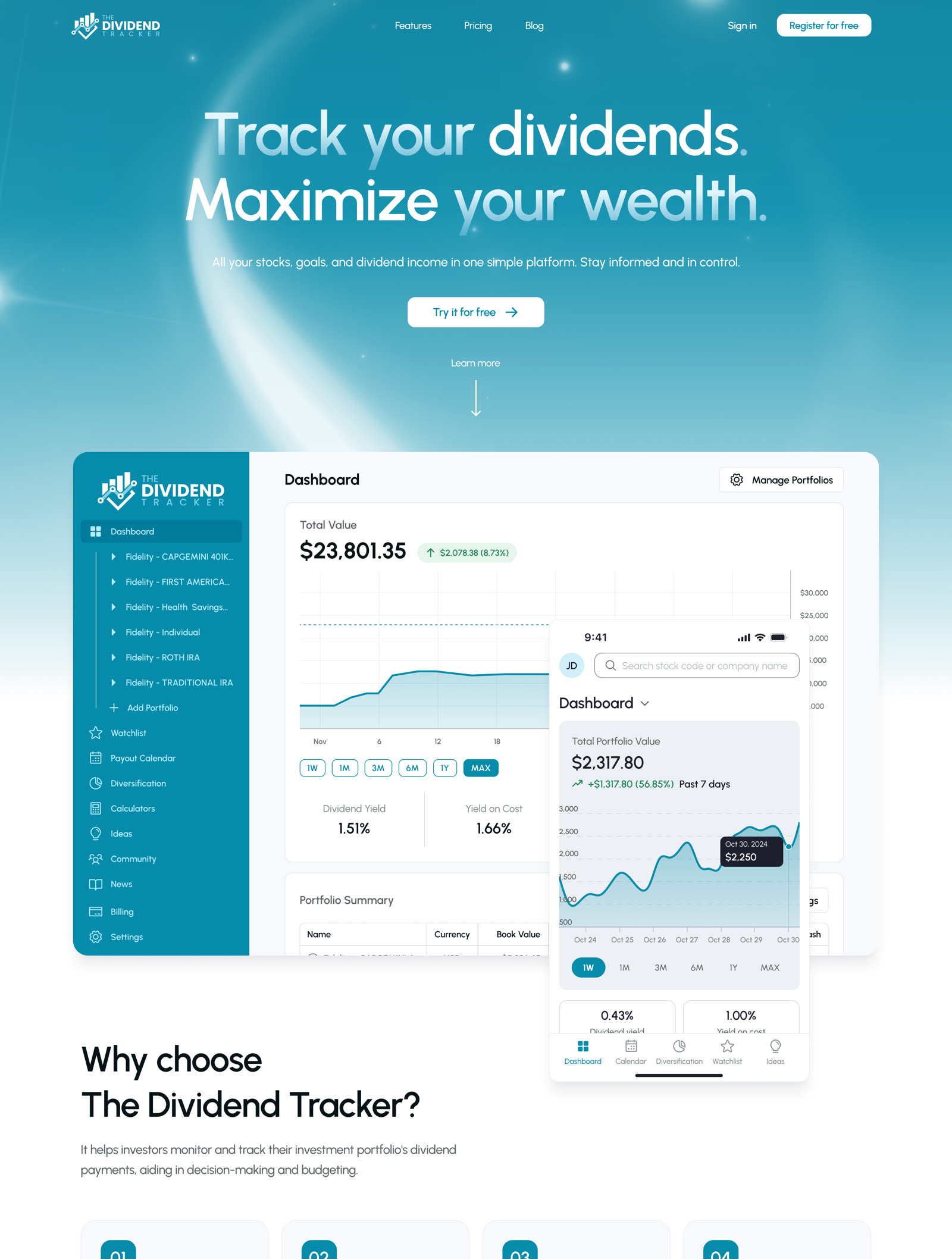 The Dividend Tracker marketing homepage reading 'Track your dividends. Maximize your wealth.'