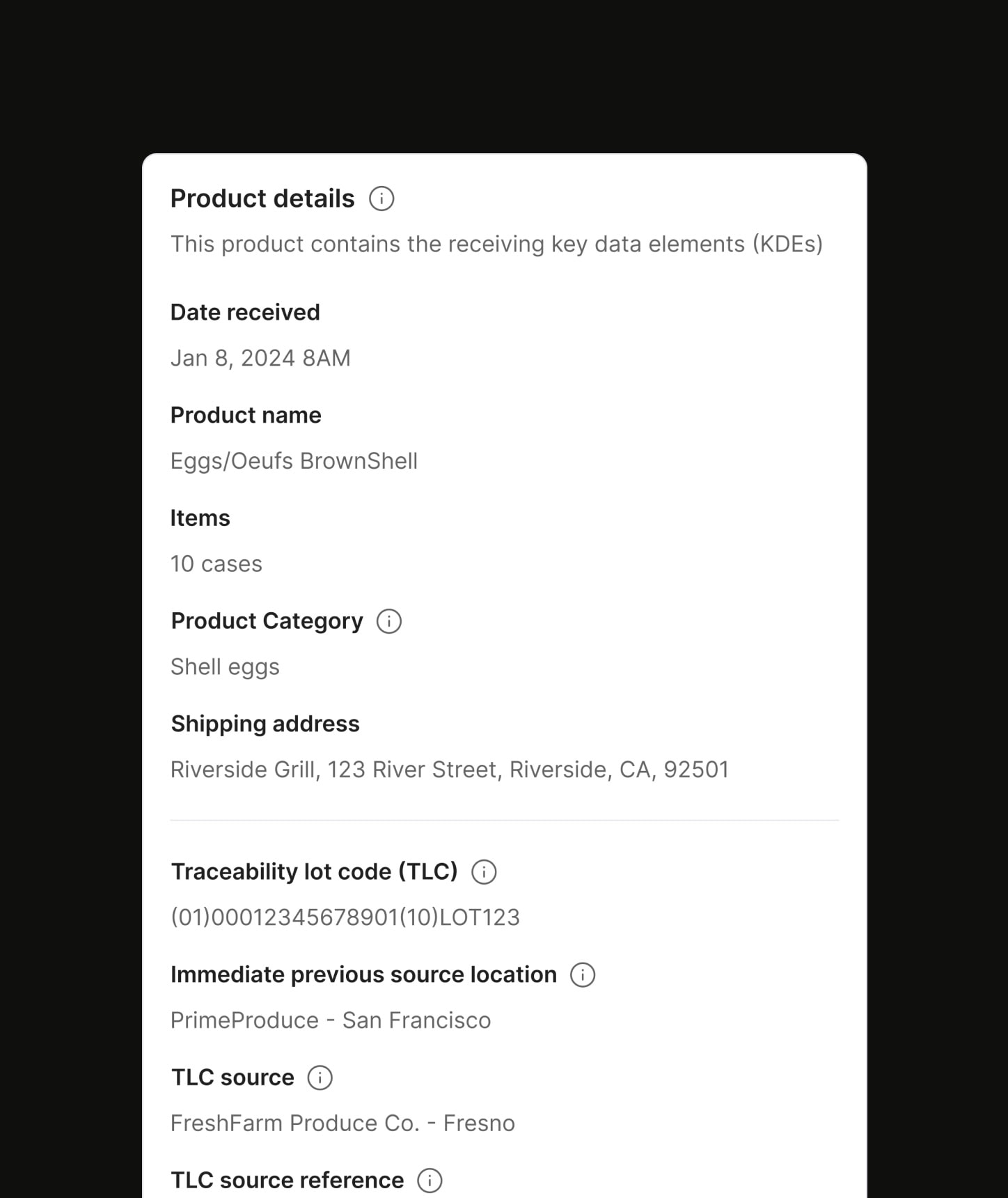 FoodOps product details panel with traceability information