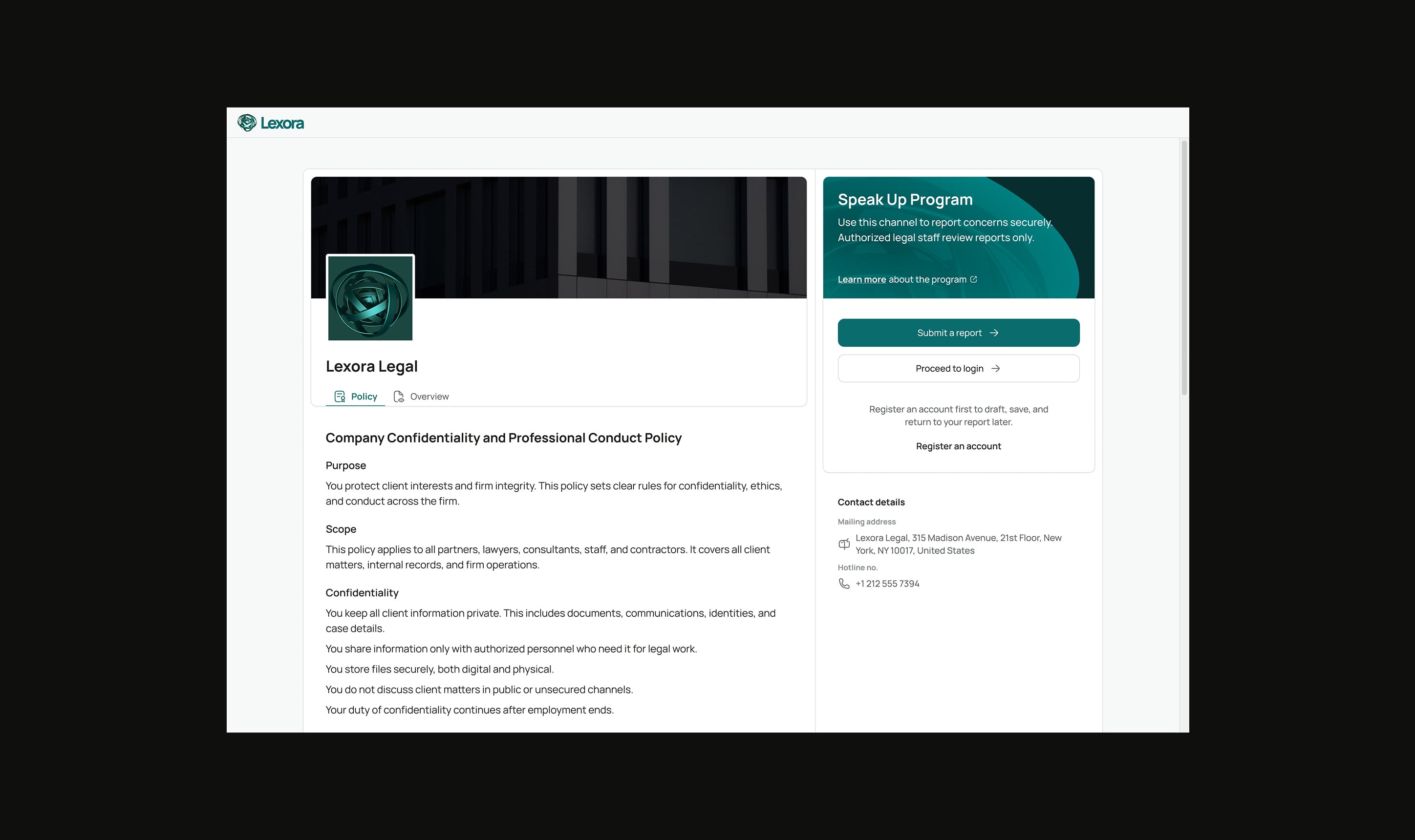 Lexora Speak Up Program confidentiality policy page