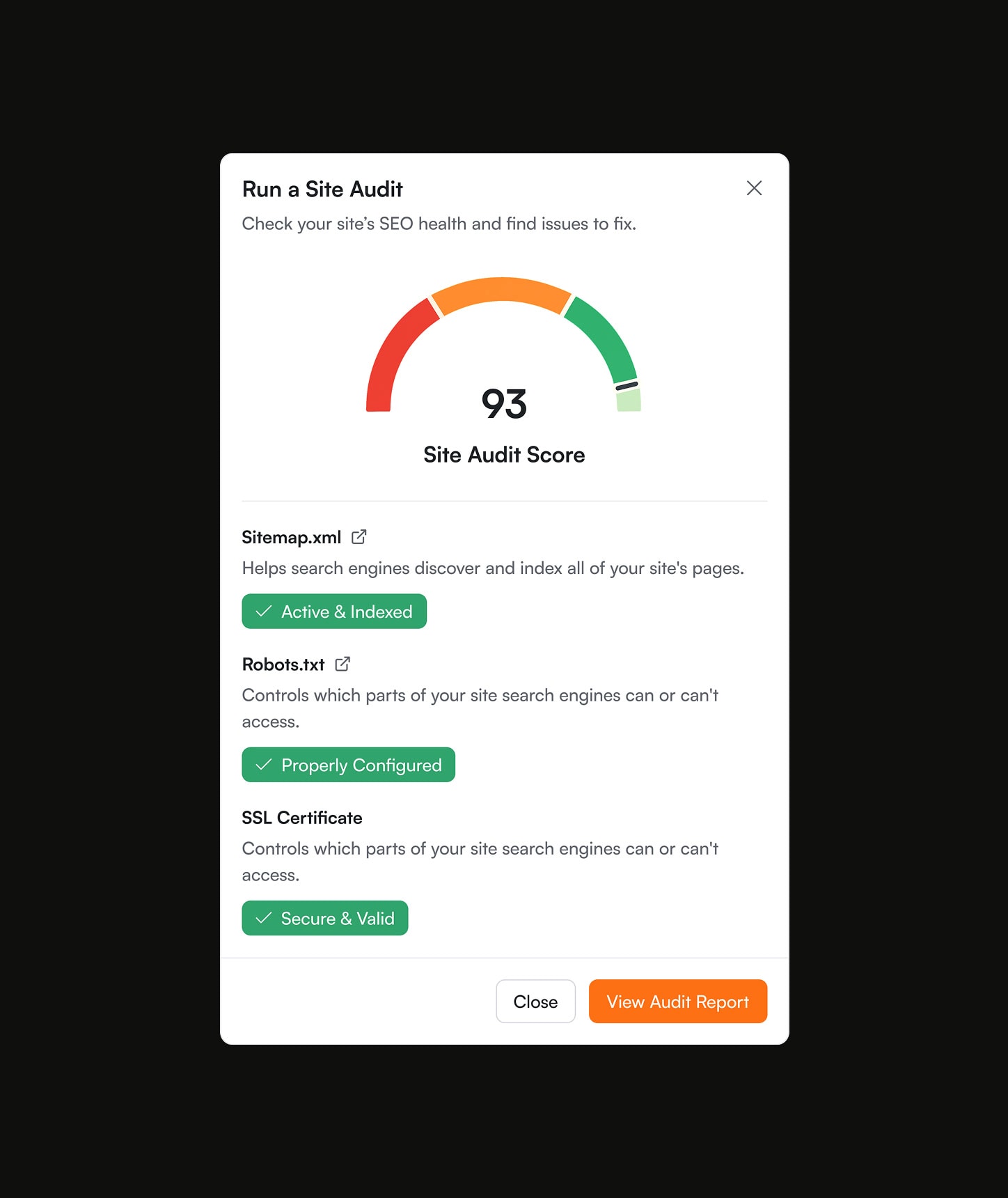 Opinly site audit modal showing a score of 93 out of 100