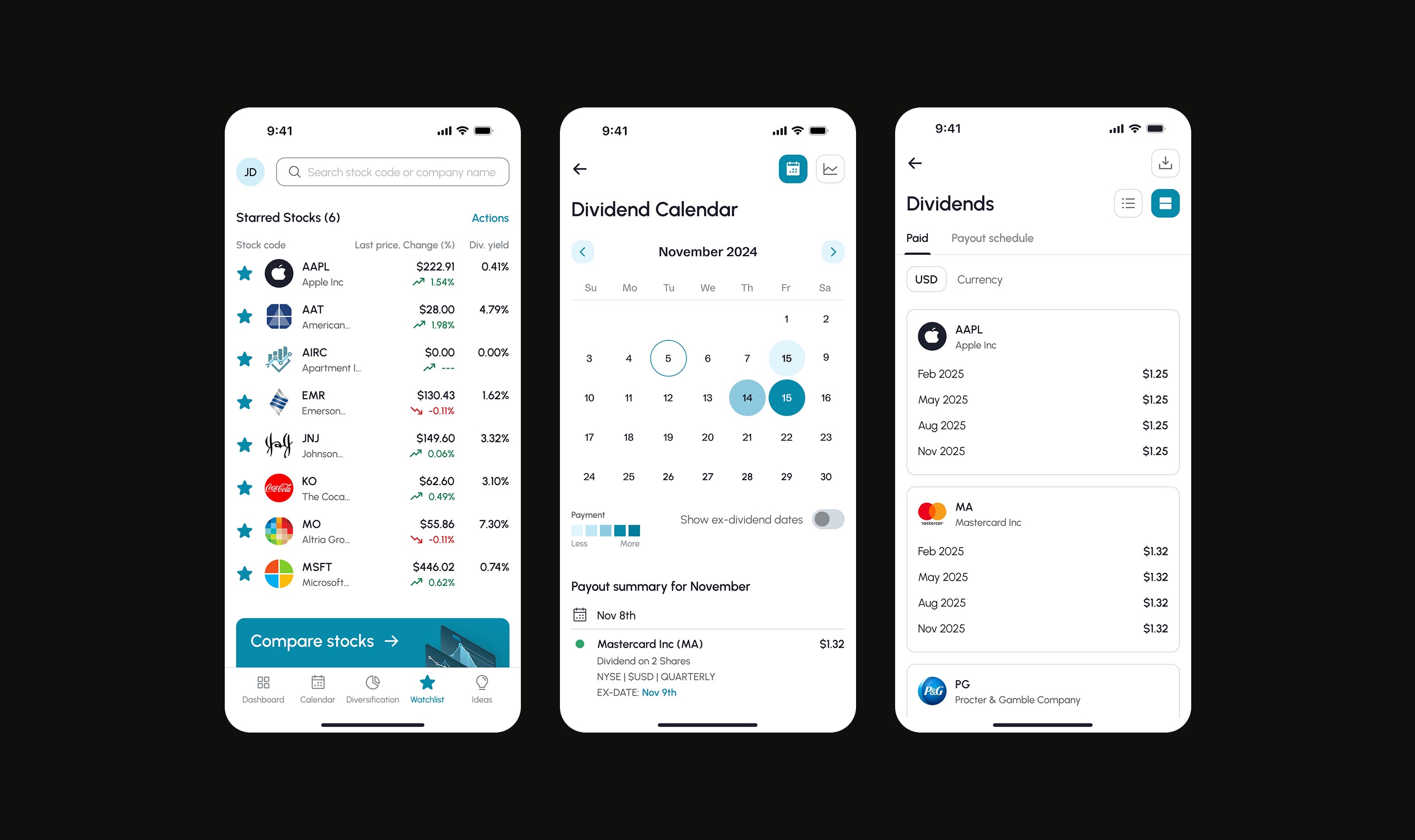 The Dividend Tracker watchlist, dividend calendar, and dividends payout screens